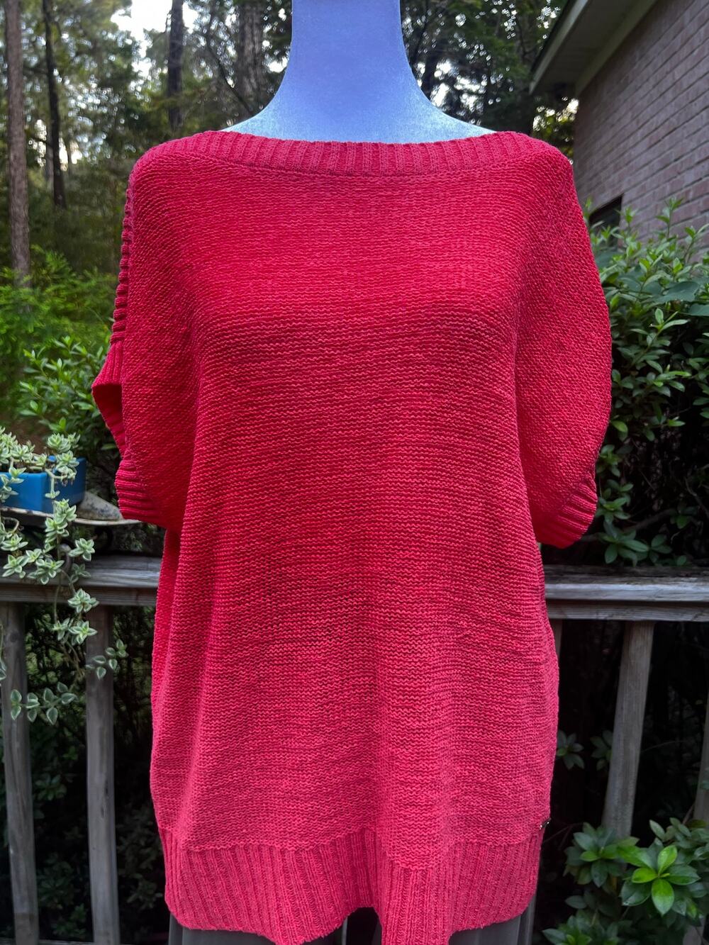 Jones New York Signature L Coral Red Knit Sweater Top Dolman Boat Neck